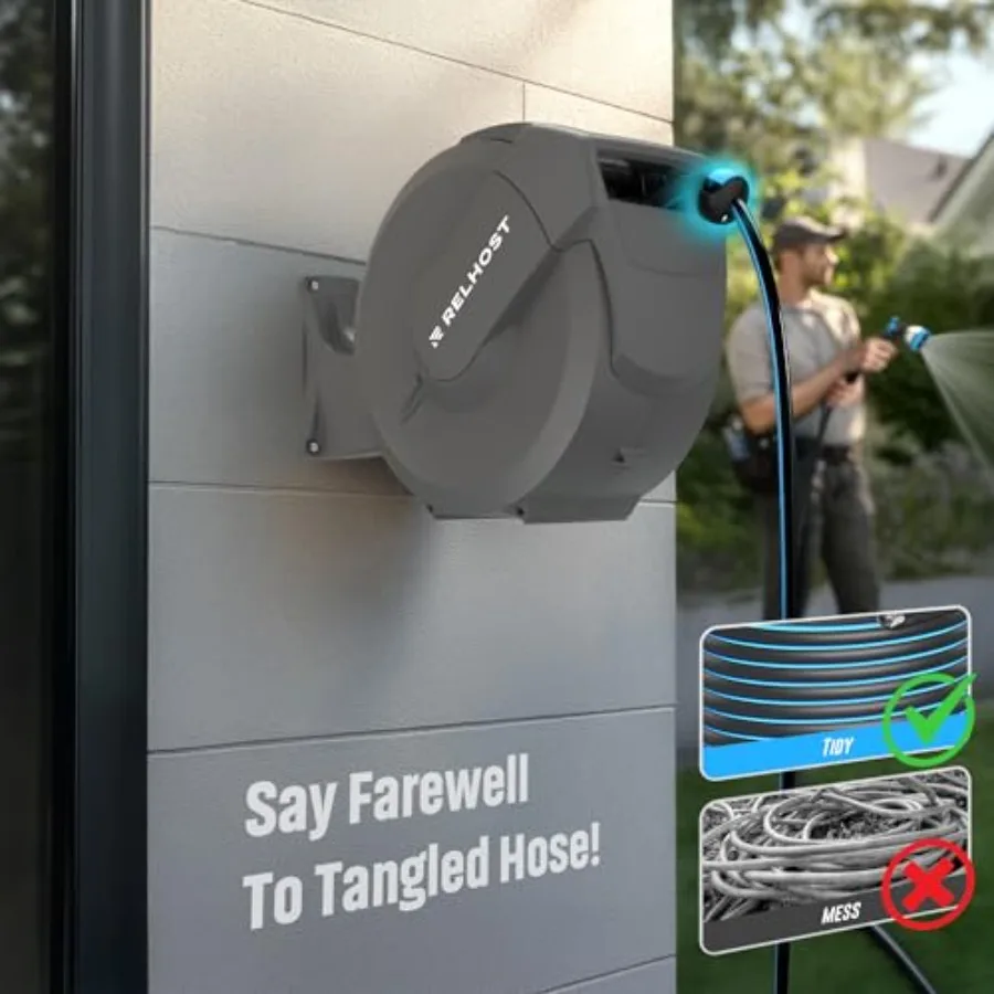 بكرة خرطوم حديقة قابلة للسحب شديدة التحمل 100 قدم × 1/2 مثبتة على الحائط مع قفل بطول قابل للتعديل نظام الترجيع التلقائي 180 قطب br