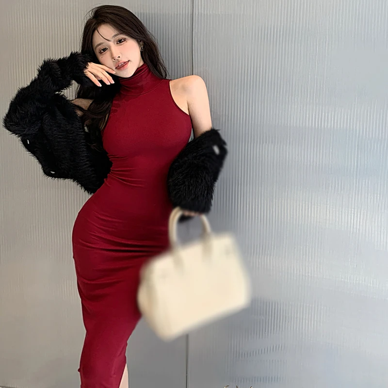 Women\'s Bodycon Dress Slim Mock Neck Mid-Calf Dress Strecth Pullover Solid Color Summer Dress