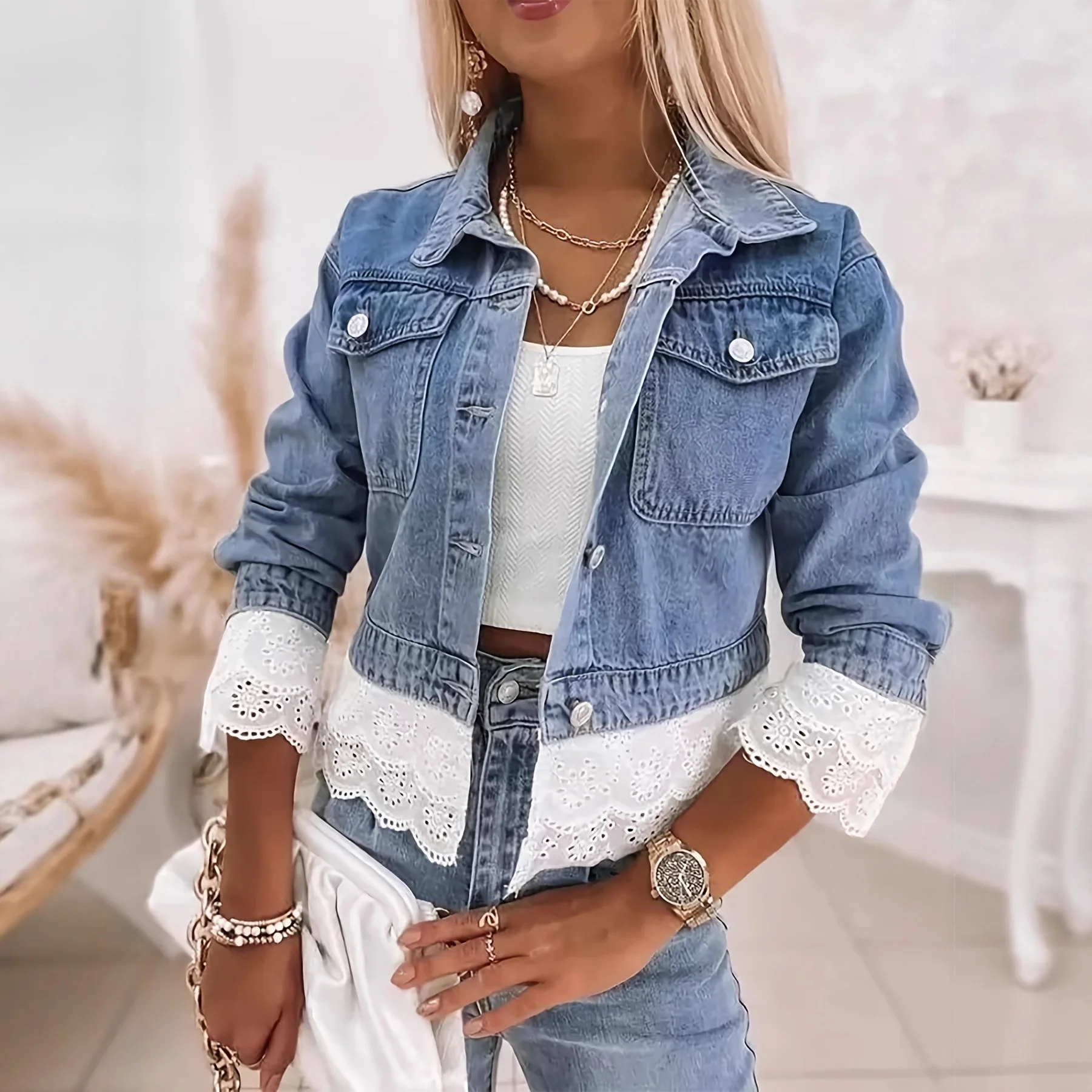 

Lace Spliced Women Denim Jacket Long Sleeve Coats Patchwork Jackets Single Breasted Cardigan Outerwear High Street Buttons