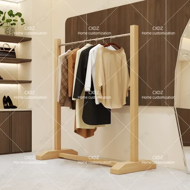 Walnut log color clothing store display men's and women's clothing store stainless steel floor-to-ceiling hanger with plate