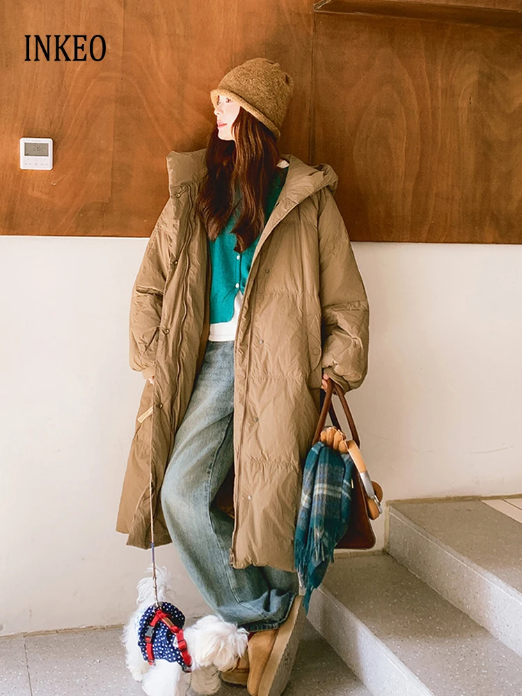 

Vintage Long down jacket with hooded women's Oversize 2026 Winter High quality Long sleeve puffer coat Parkas Warm INKEO DJ639