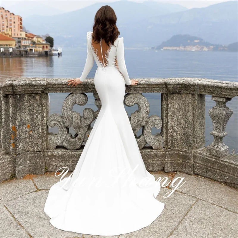 Yunshang elegante Vestido De Novia para mujer ilusión De sirena manga larga espalda De encaje con cuello en V Vestido De Novia tren Vestido De Novia personalizado