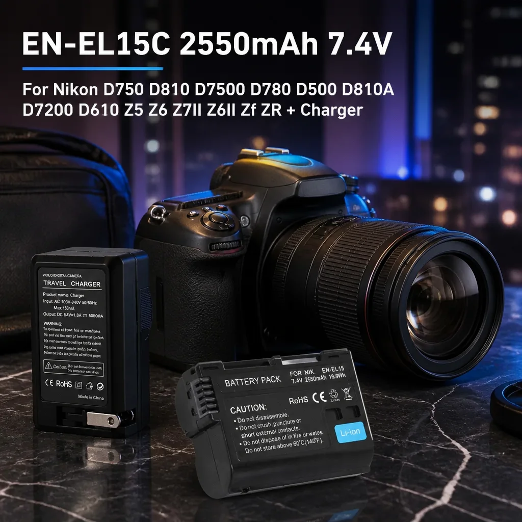 Upgrade EN-EL15C 2550mAh 7.4V Battery for Nikon D750 D810 D7500 D780 D500 D810A D7200 D610 Z5 Z6 Z 7II Z 6II Zf ZR + Charger