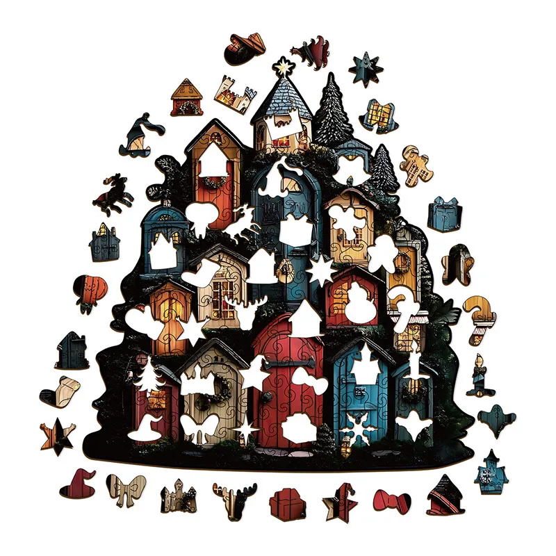 212PCS Porta degli elfi di Natale Pezzi di puzzle Puzzle di legno irregolare Gioco antistress Compleanno Natale Salvadanaio Regali