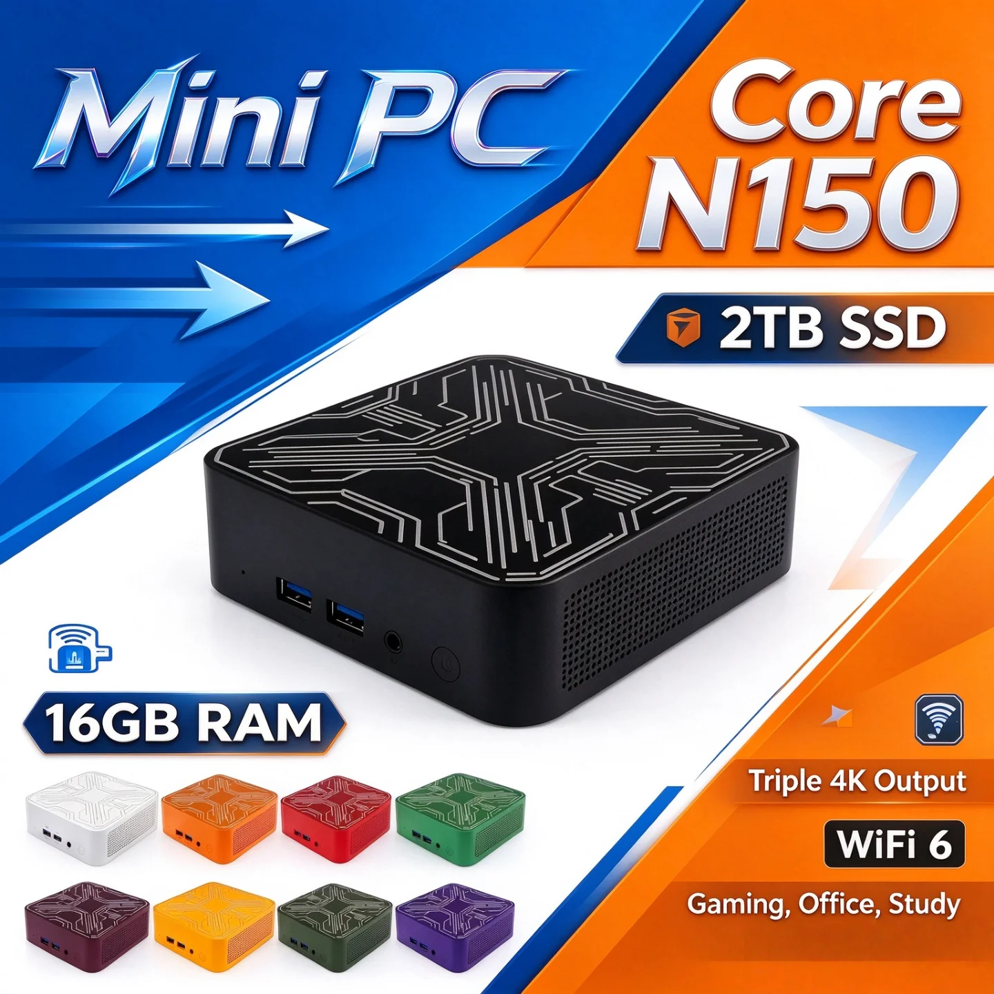 オフィス用、家庭用、持ち運び可能なミニpc。intel-core-n150プロセッサー搭載、2026年モデル。16gbメモリ、m2-nvme-ssd、トリプル4k出力、wi-fi-6対応、静音冷却、高効率デスクトップコンピューター。