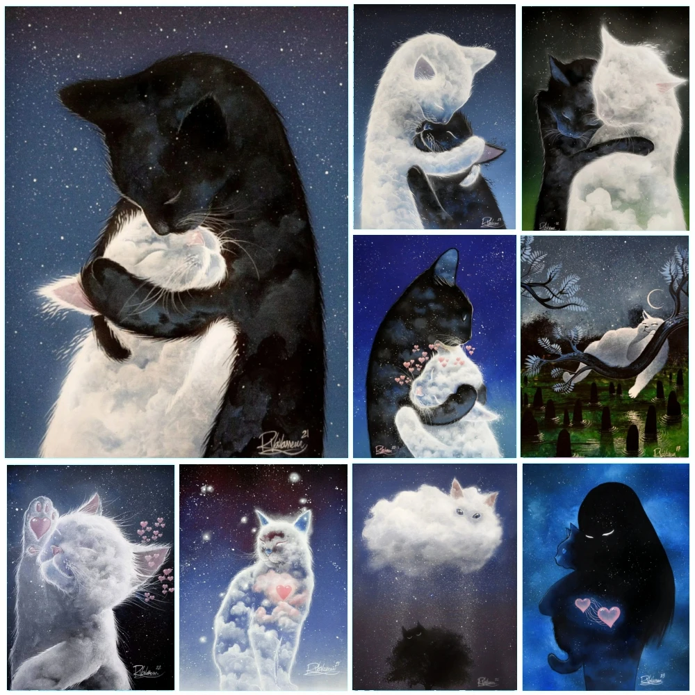 Black  White Cat 5D Diy Diamond Painting Starry Sky Love Art Full Drills Embroidery Mosaic Cross Stitch Kit Home Decor Kids Gift