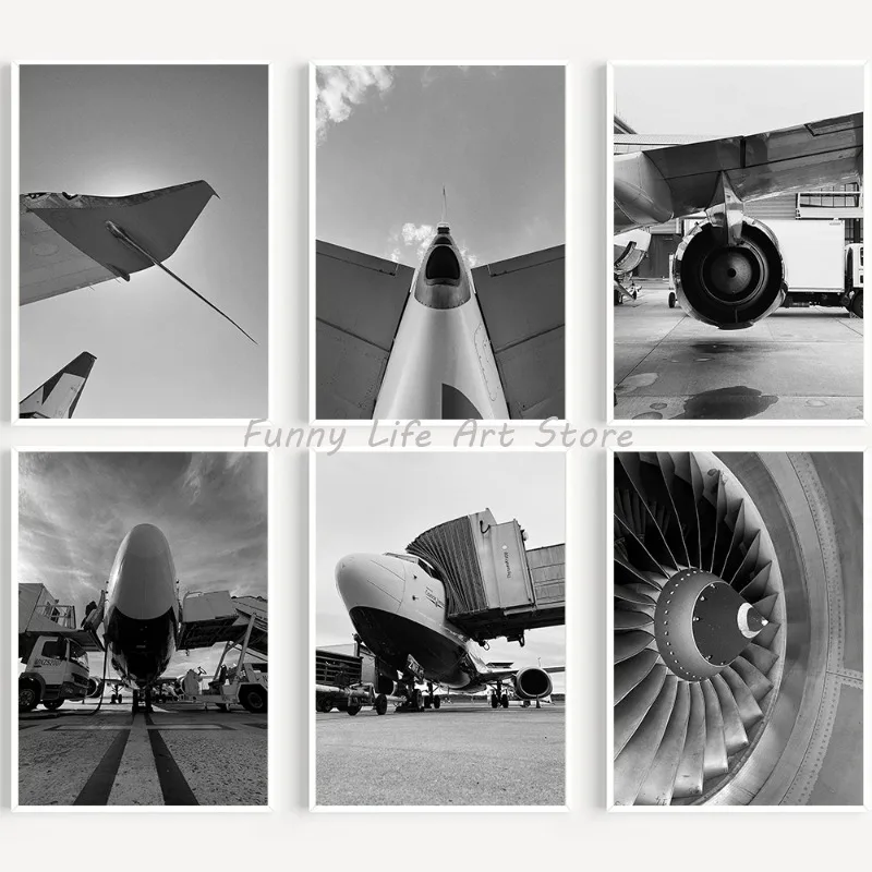 Black White Aircraft At Airport Boeing 737 Turbine Poster and Prints Canvas Printing Wall Art Picture for Living Room Home Decor