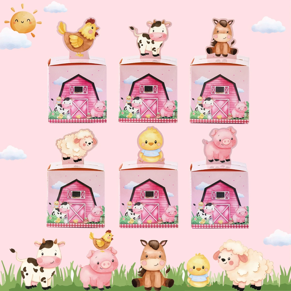 Farm Animals Gifts Candy Box Farm Birthday Party Decoration Kids Baby Shower Paper Packing Box Biscuit Portable Bag Boxes