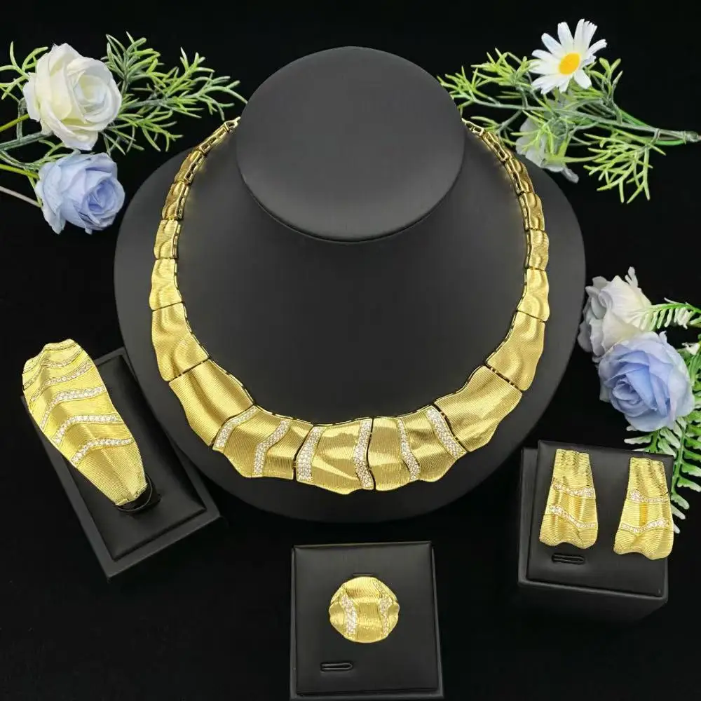 

JRH Senegal Bridal Cubic Zirconia Jewelry Set Gold Plated Copper Bracelet Ring Necklace Earrings for Wedding Luxury Style
