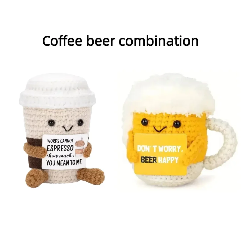 Funny Crochet Emotional Support Beer Cup Doll With Card Desktop Ornament Handmade Knitted Beer Dolls Christmas Gifts Home Decor