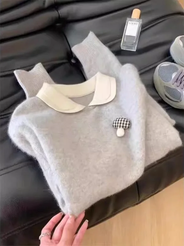 Chic Sweet Sle Puppe Kragen Pullover frauen Lose Fit Gestrickte Top Faionable Herbst Winter Neue Ankunft Warme Baumwolle Mischung