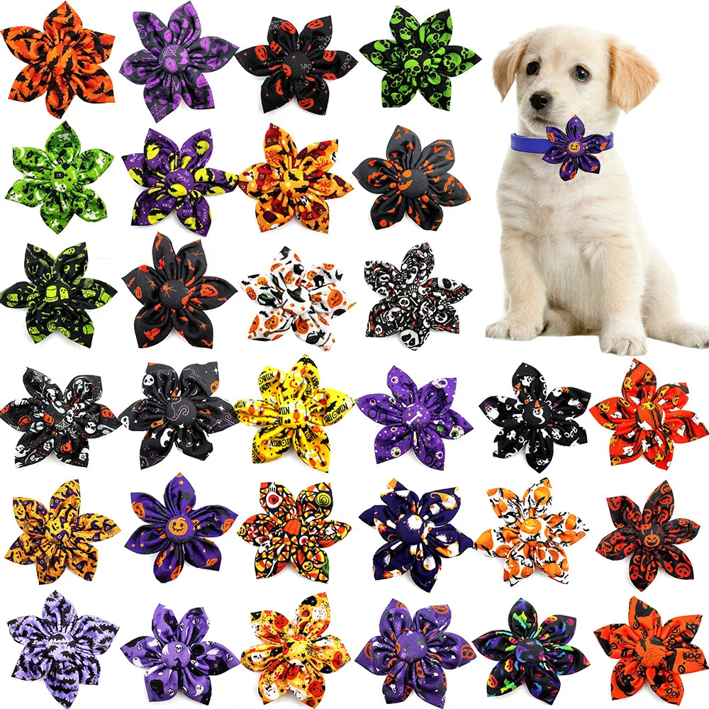 50/100pcs Dog Bowtie for Halloween Movable Collar Acessories Small Dog Puppy Grooming Accessories for Halloween Dog Flowers Bows