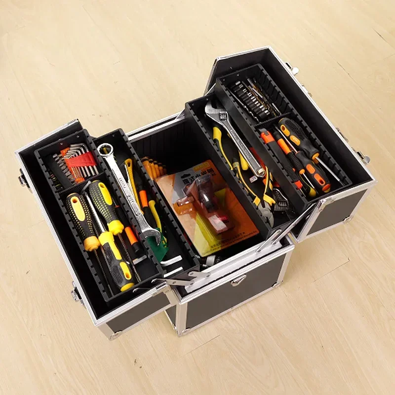 

Three-layer folding hardware toolbox, multi-functional portable large maintenance tool box storage box