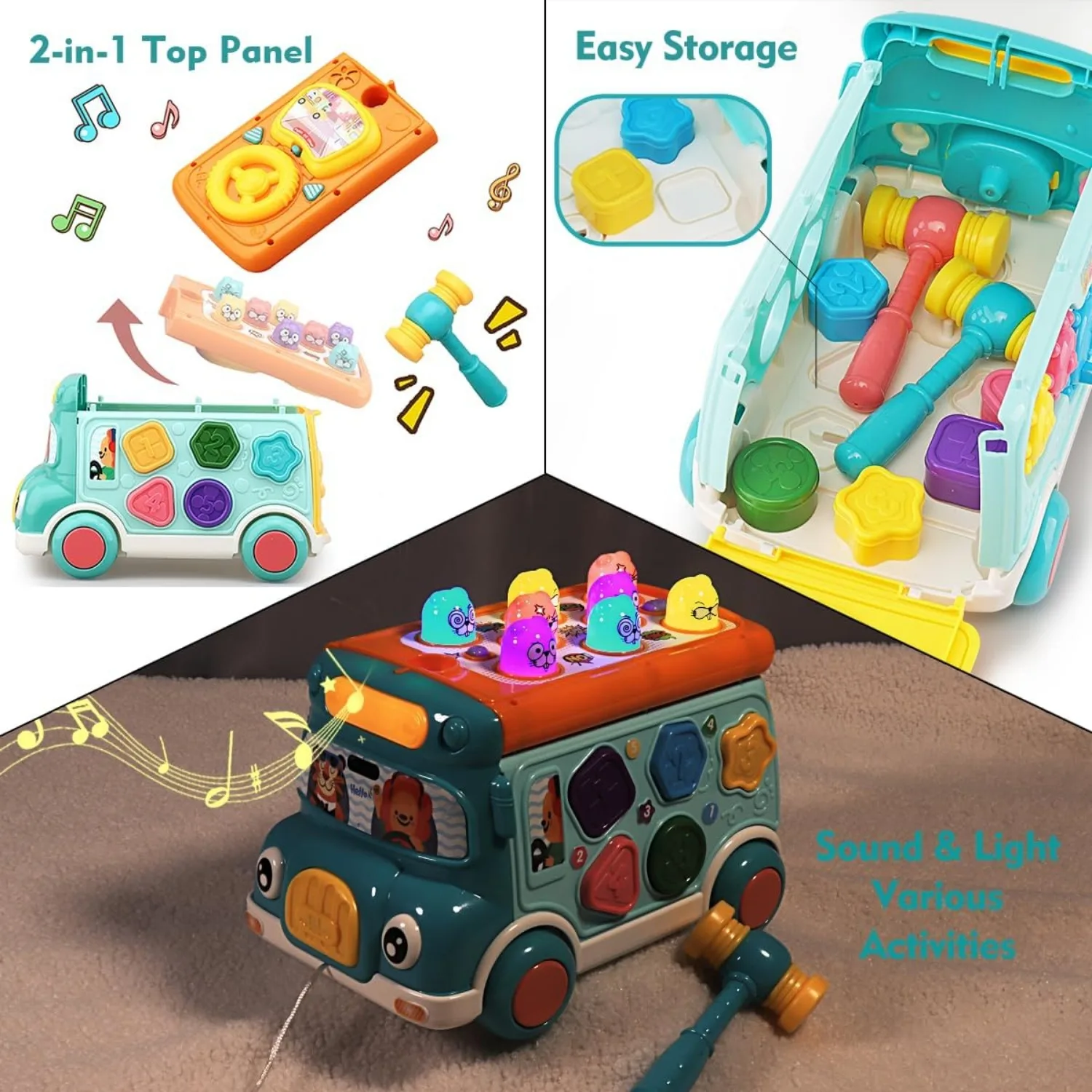 Music Activity Bus Baby Toy with Sound & Light  Shape Sorter Whack-a-Mole Toys Interactive Game Cartoon School Bus for Kids