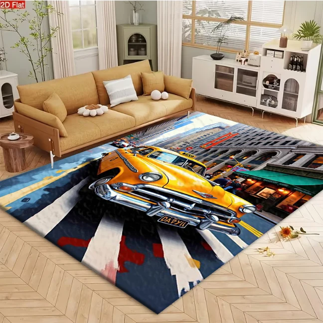 Retro New York Yellow Taxi City Street Art carpet flooring, Modern Urban Oil Painting Style Print Area Rug for Living Room Bedroom Home Decor