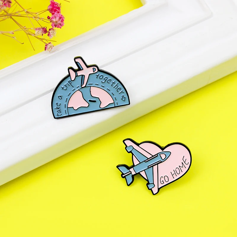 Cartoon Blue Plane Enamel Pin Pink Heart Plane Airplane GO HOME,take a trip together Brooches Backpack Badge Lapel Jewelry Gift