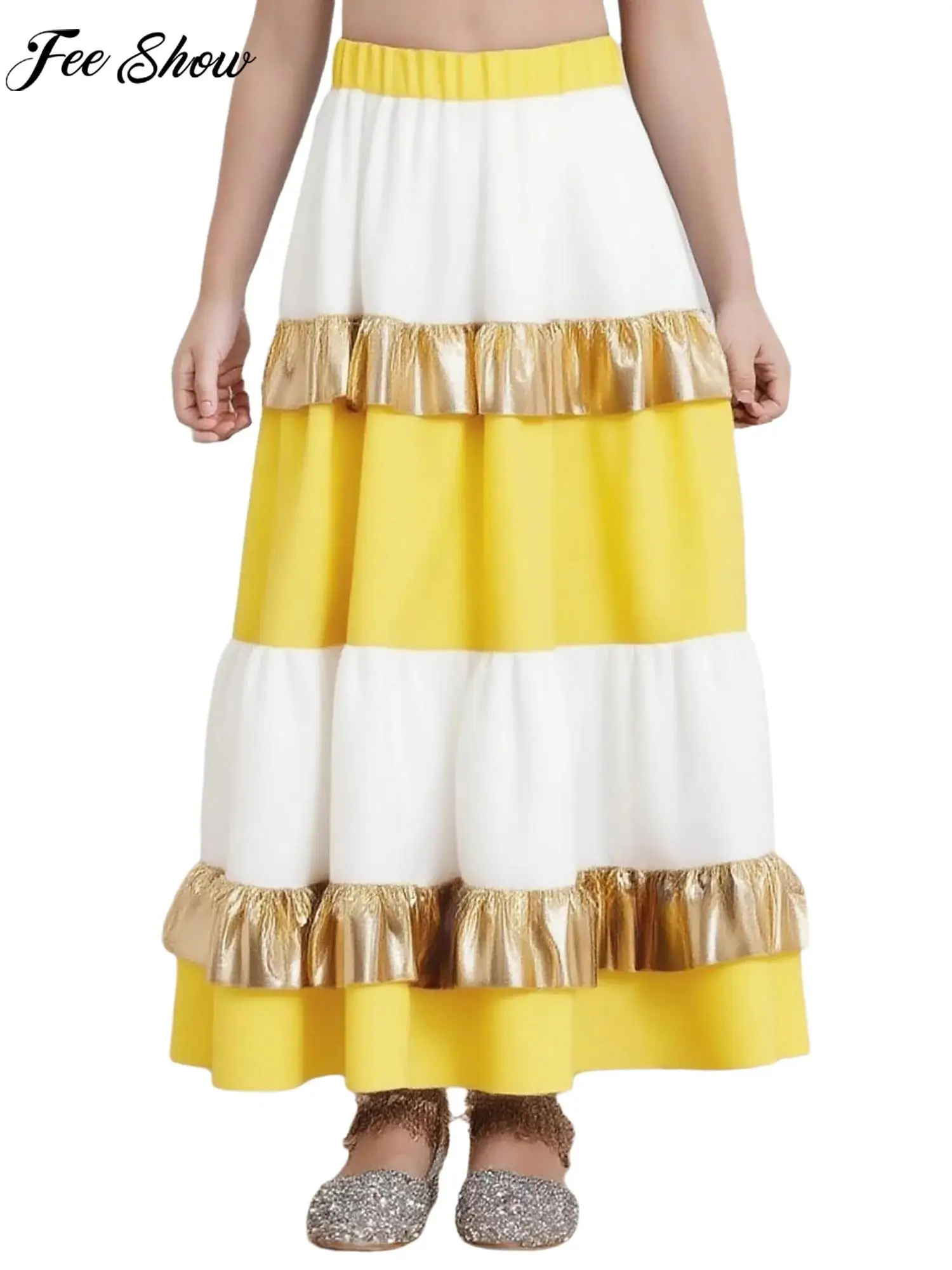 

Детская атласная юбка макси для танцев фламенко с большими качелями для девочек, испанский пассо, добле, латинский бальный костюм, вальс, танго, сценический костюм