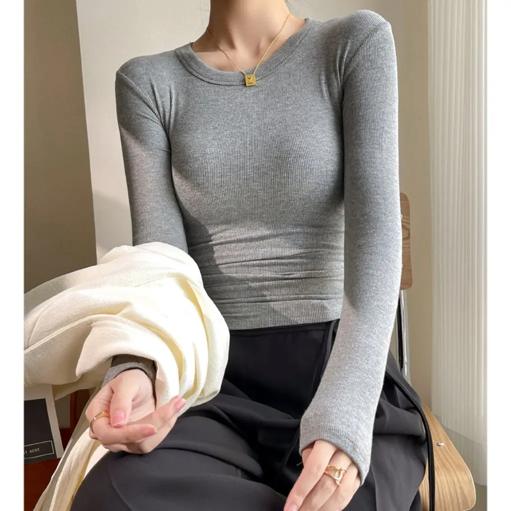 

Women's Slim-Fitting Long-Sleeved T-Shirt Modal Threaded round Neck Top for Autumn Winter Thin Bottoming Shirt