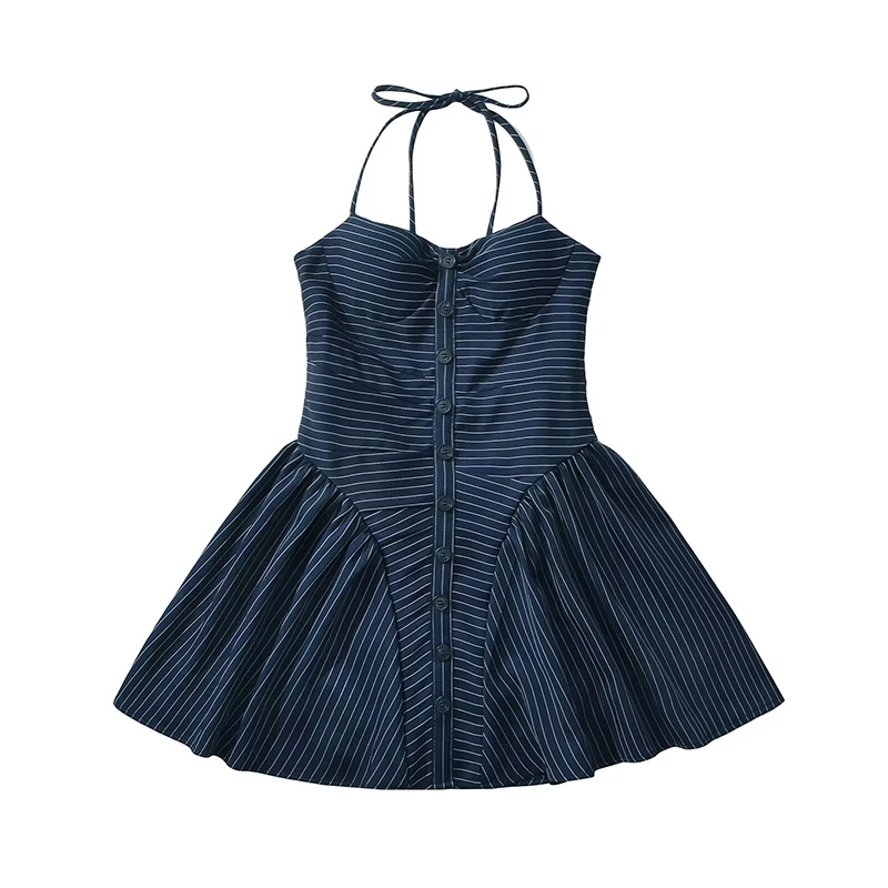 YENKYE Sexy Backless Strapless Halter Mini Dress Women Front Button Striped Low Waist Summer Dresses Fit And Flare Party Robe