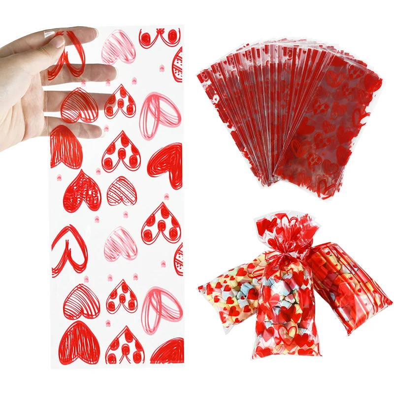 60Pcs Mixed Love Red Heart Pattern Candy Bags Valentine's Day DEcoration Gift Bags Baking Packaging Wedding Party Pouches