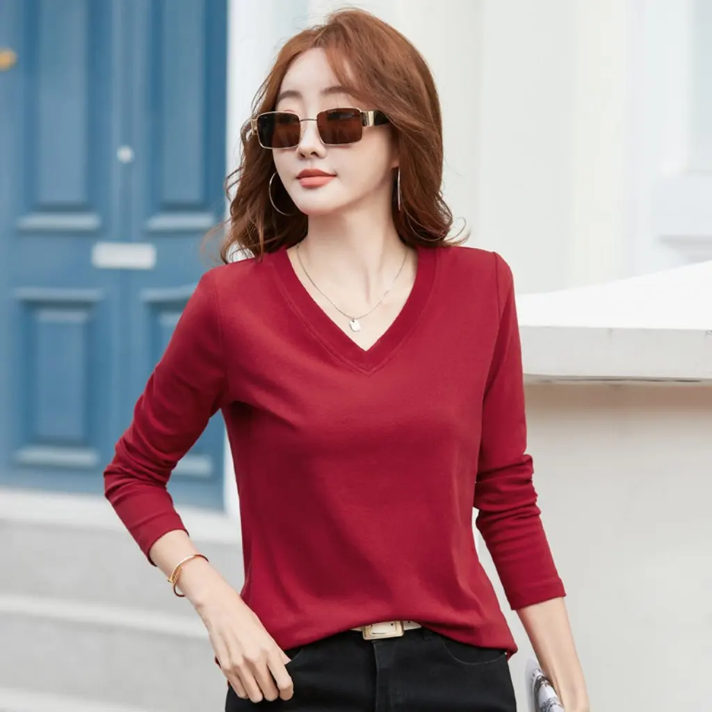 

Women's Long-Sleeved V-Neck T-Shirt 95% Cotton Slimming Top One-Piece Delivery Spring Autumn Solid Color Supply