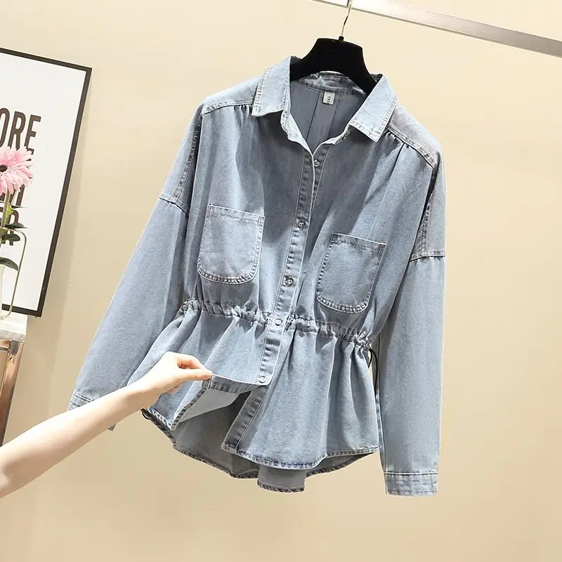 Women's Vintage Blue Denim Jacket, Girdle, Plus Size Outerwear, Korean Tops, Loose Women's Jeans, Spring, Autumn, 2024