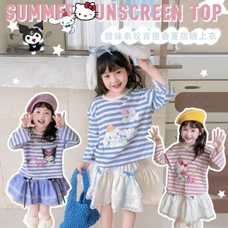 

Kuromi Girls Cartoon Anime Puffy Skirt Hello Kitty Sanrio Summer New Kawaii Versatile Striped Long-Sleeved T-Shirt Fashion Sweet