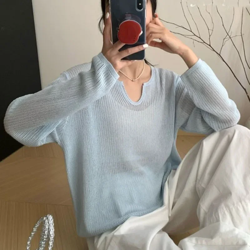 Pop Korean Style Hollow Out Long Sleeve Knitted Sweater For Women Spring Summer Fashion Thin Tops Sun Protected Pullover Female