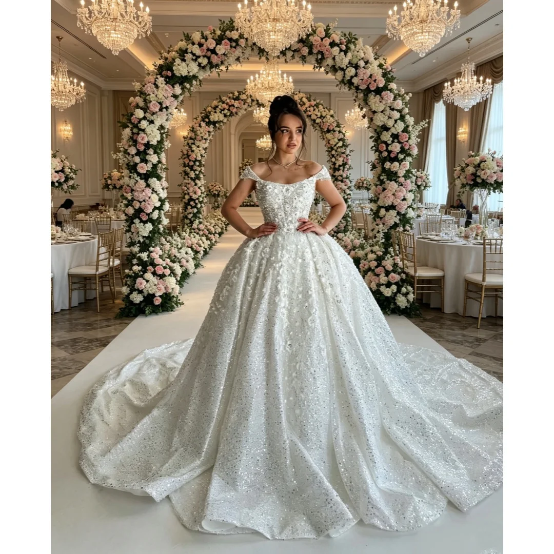 

Custom 2026 Elegant Large Skirt Wedding Dress With Shoulder Card Strapless Satin Floral Sequins Lace Up Bride Vestido De Noiva