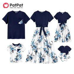 PatPat-camisetas de manga corta y vestidos empalmados con estampado Floral, 95% algodón, color azul oscuro