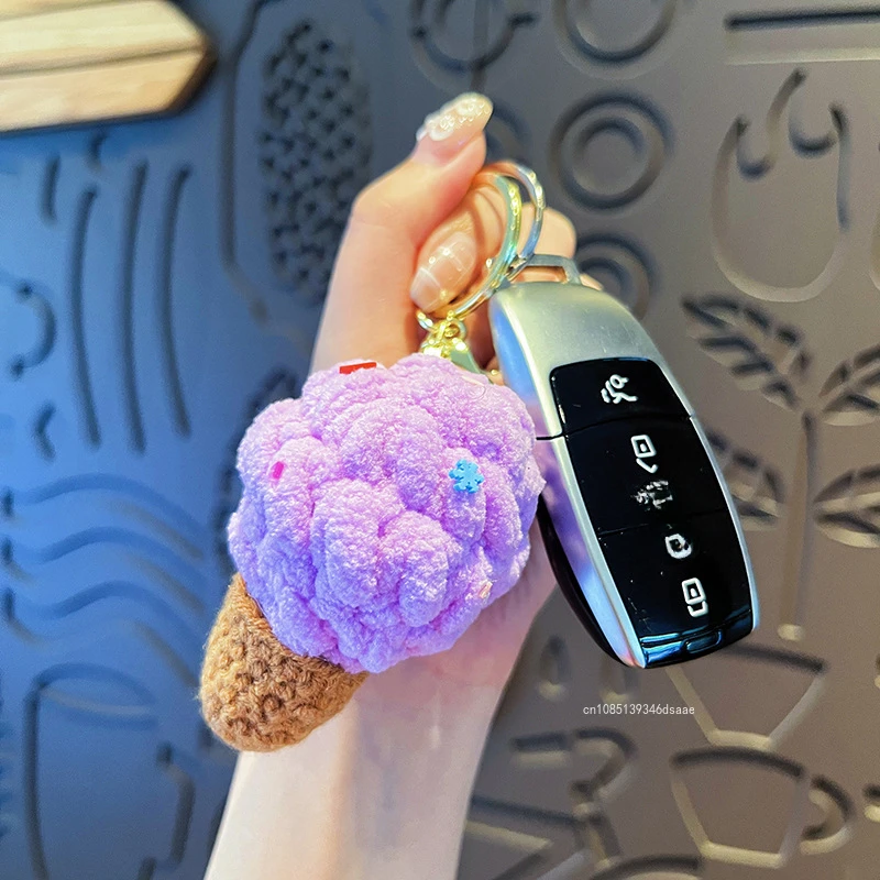 Knitted Ice Cream Colored Key Chain Handmade Cute Hand Woven Charm Ice Cream Keychain Backpack Pendant Key Ring Jewelry Gift