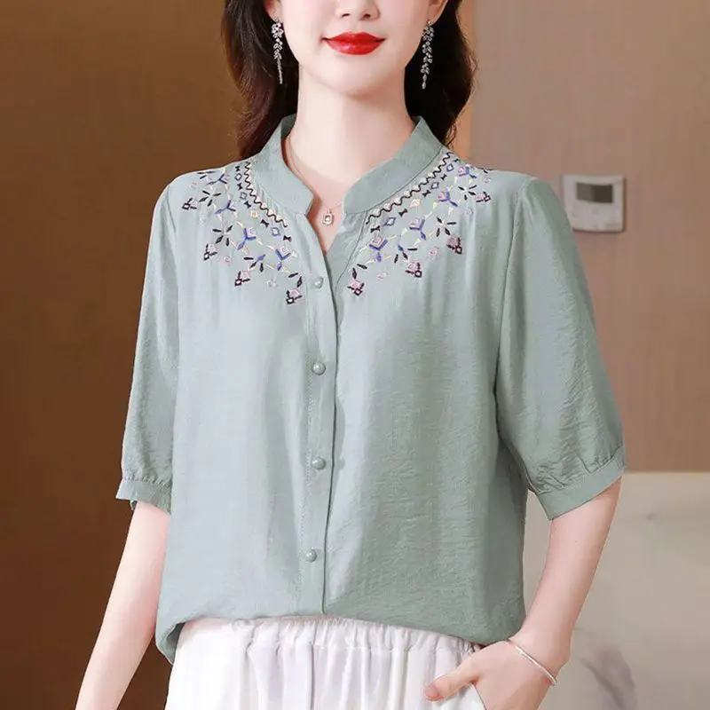 2024 Summer Artistic Retro Ethnic Style Fashion V-neck Embroidery Loose Casual Oversize Versatile Mid Sleeved Shirt for Women