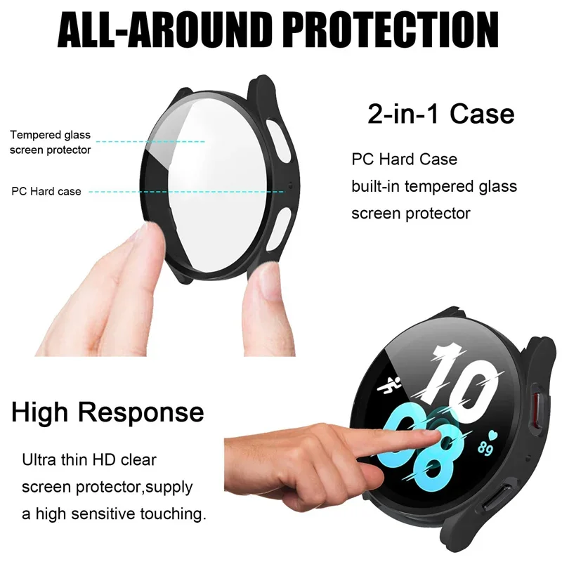 Tempered Glass+cover for Samsung Galaxy Watch 5 4 44mm 40mm All Around PC shell+film bumper screen protector Cases Accessories