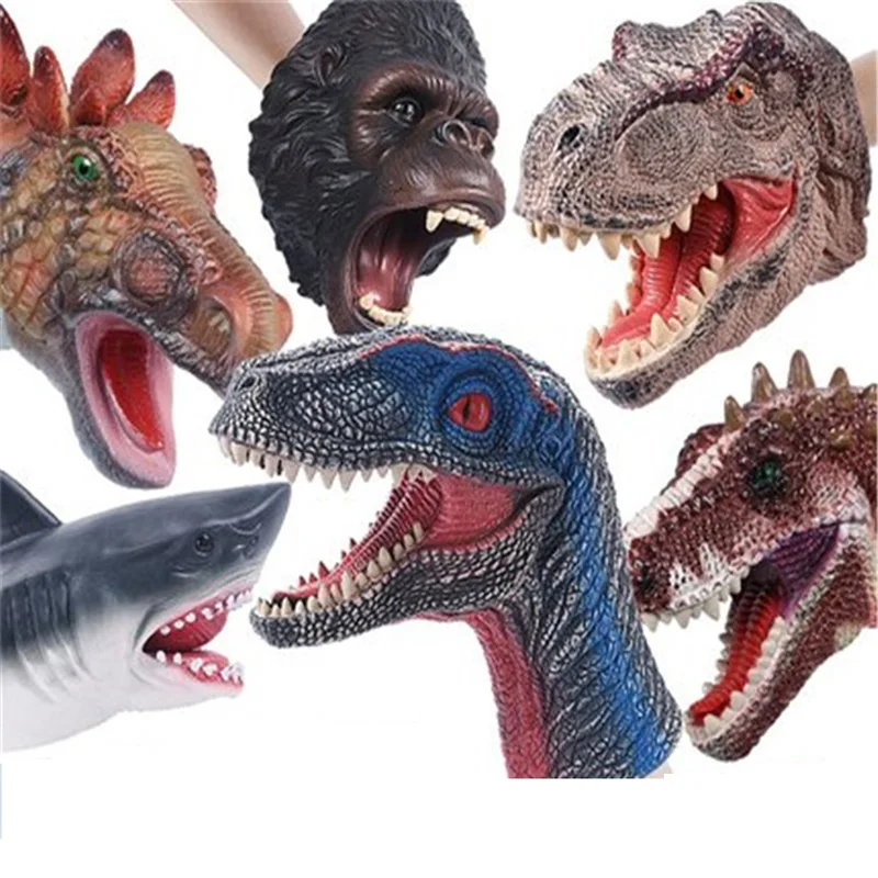 Marioneta de mano de cabeza de Animal de goma de Vinilo Suave, juguetes de figuras, guantes para niños, modelo de regalo de dinosaurio, juguetes de marionetas de mano para niños