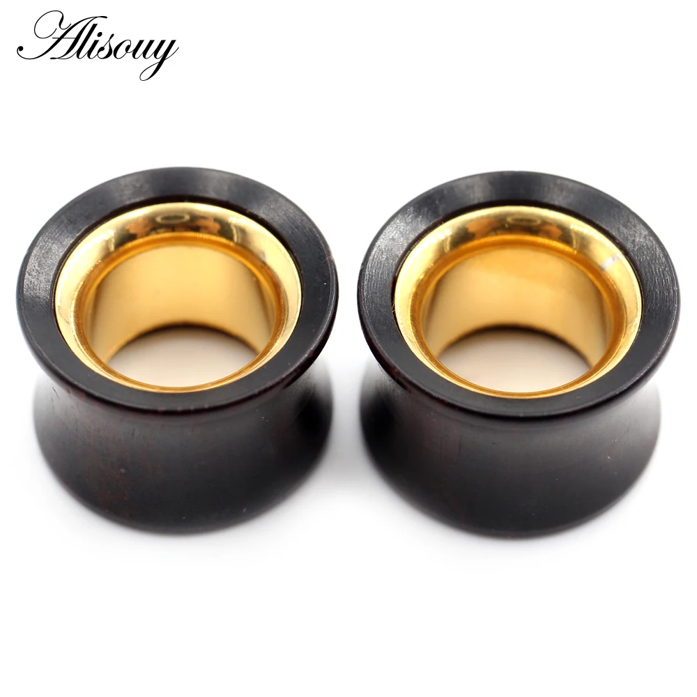 Alisouy 1PC 8-25mm Wood Hollow Gold Color Stainless Steel Ear Tunnel Plug Expander Stretcher Gauge Earring Piercing Body Jewelry