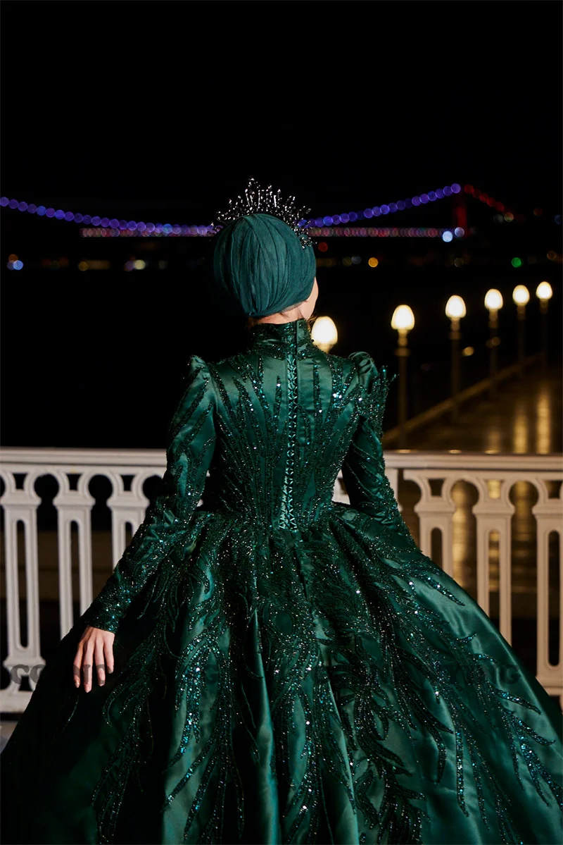 Cetim frisado vestido de noite manga longa vestido de baile de alta pescoço arábia islâmica dubai formal festa baile vestido hijab robe de soiree