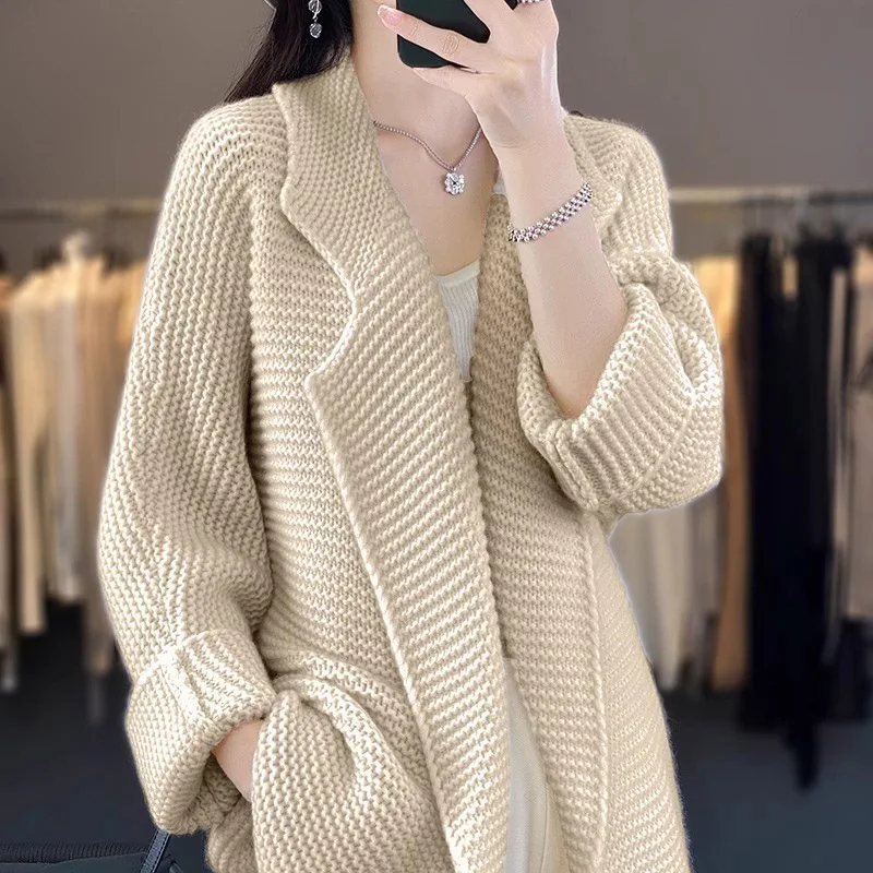 Women Clothes Cashmere Cardigan Winter Solid Thickened Knit Sweater Loose Simple Casual Thick Belt All-match Tunics