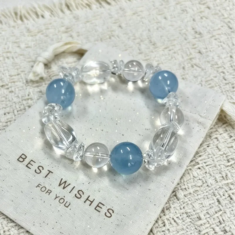 Natural crystal bracelet, women's big beads, aquamarine white crystal, golden water running ring, transfer beads, crystal