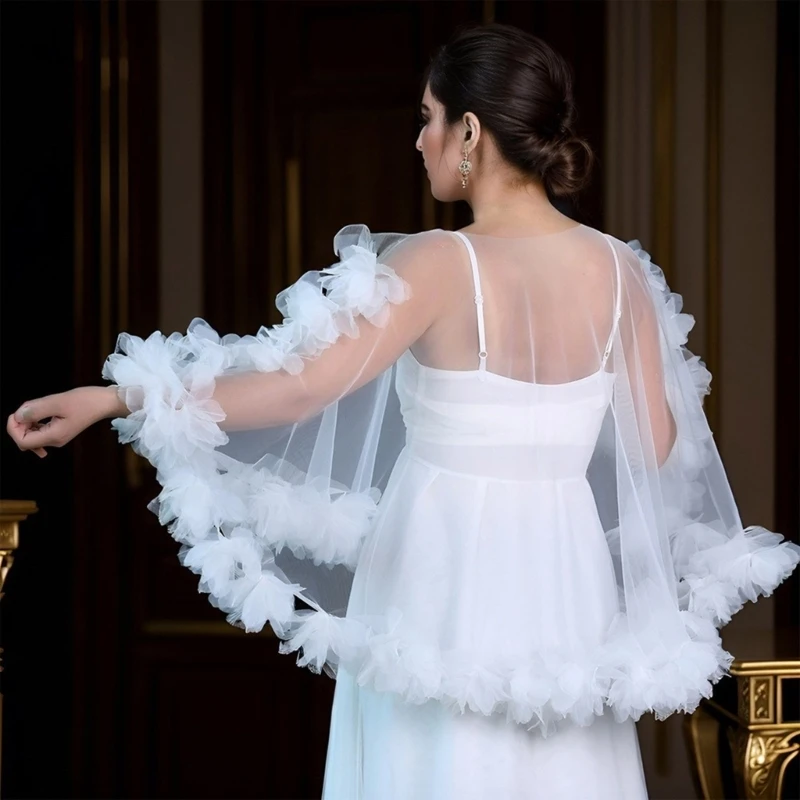 Châle mariage blanc transparent, multifonctionnel, à bord floral, pour habiller les tenues mariée