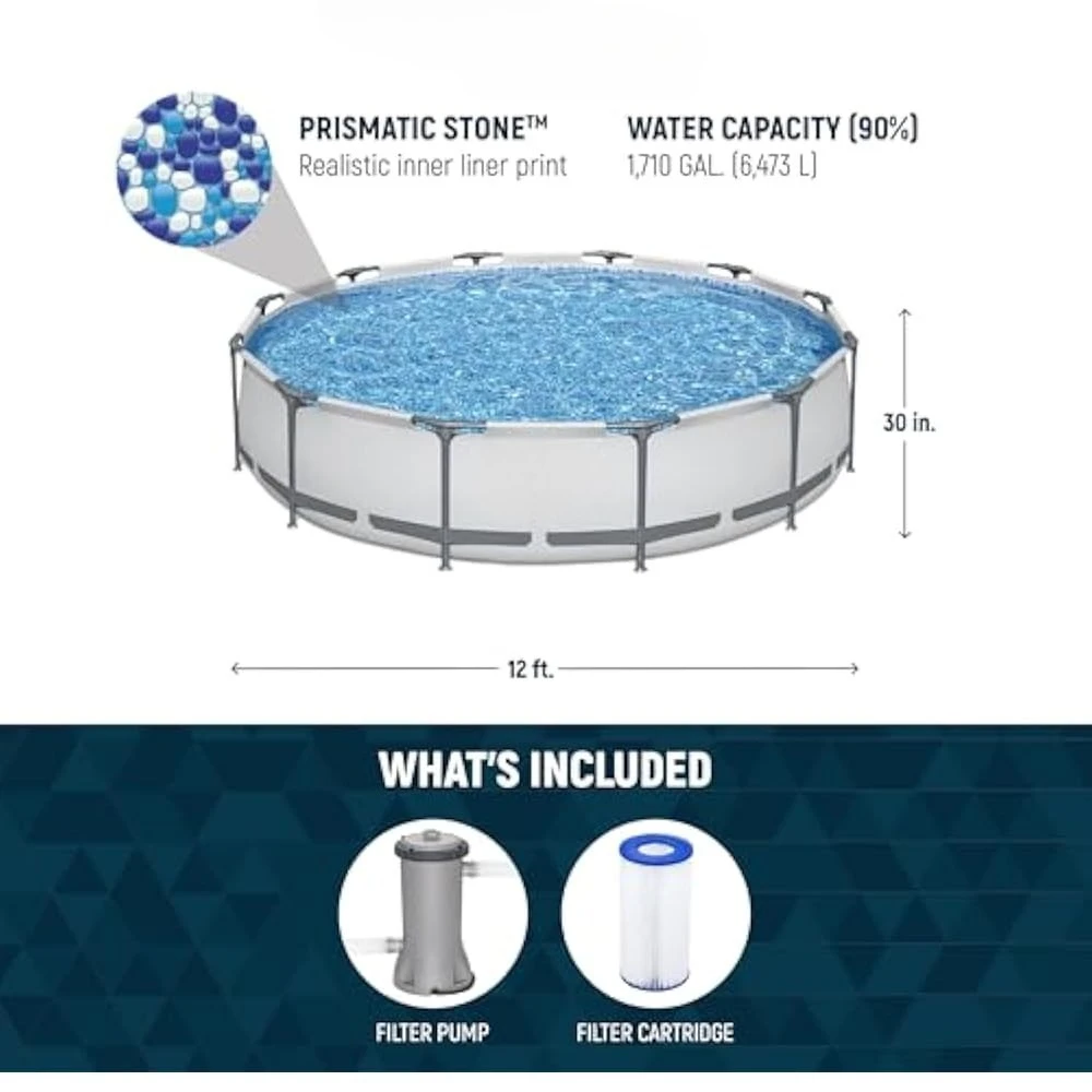 Ensemble de piscine ronde hors sol de 12 pieds par 30 pouces, piscine familiale extérieure à cadre métallique avec pompe à filtre