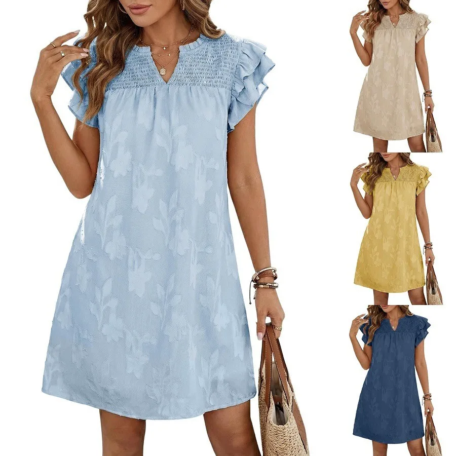 

Elegant Women's Dress V Neck Ruffle Sleeve A Line Dresses Elastic Waist Midi Length Summer Dress Smocked Bodice Floral Dress