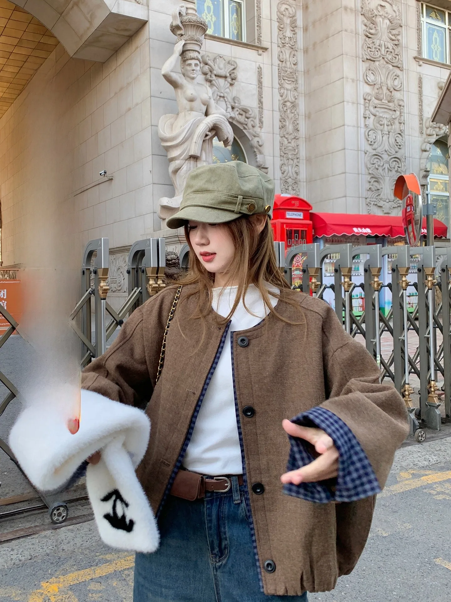 

Женская свободная куртка-жакет Chees Rabbit с круглым вырезом, в клетку, весна 2026, корейский стиль, из смесового полиэстера, с длинными рукавами