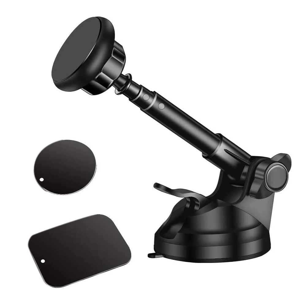 Universal Magnetic Phone Car Mount for Car Dashboard and Windshield with 6 Strong Magnets and Metal Telescopic Arm-Black