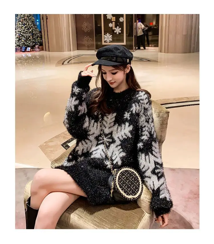 

Рождественский свитер со снежинками, женский длинный плюшевый вязаный топ из ангоры, мягкий свободный крой, пуловер с блестящей нитью, зимний уютный