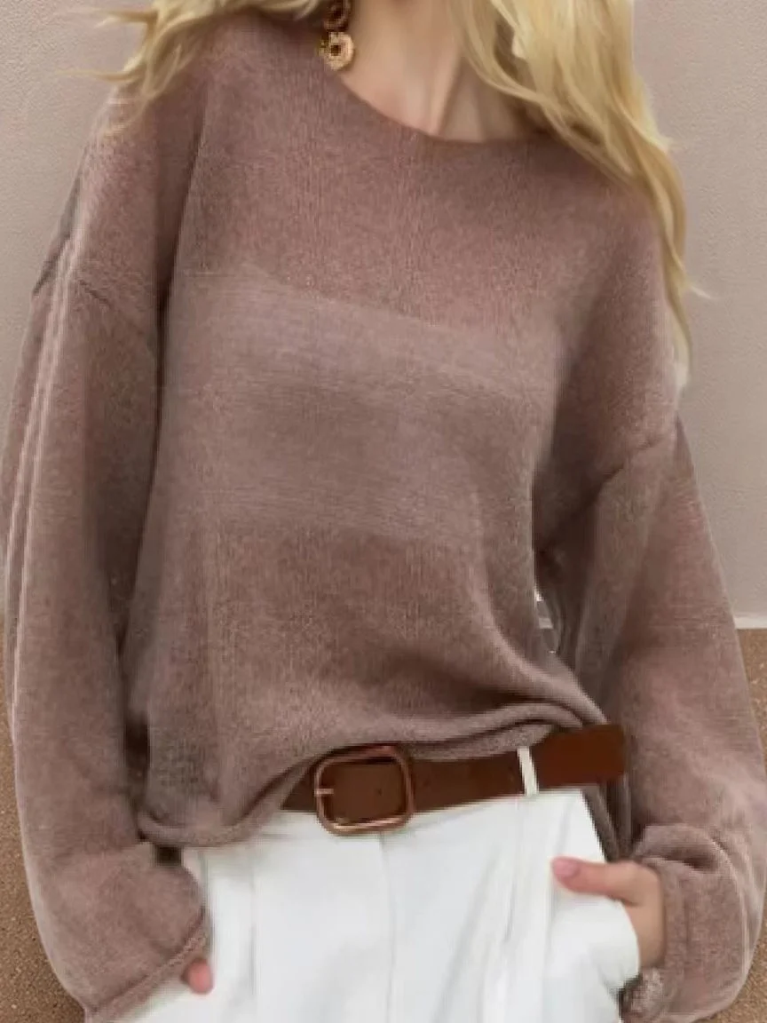 

Loose Knitted Roll up See tough Top Women's Casual Long Sve Sweater Medium Length Thin Fabric round Ne Pure Color