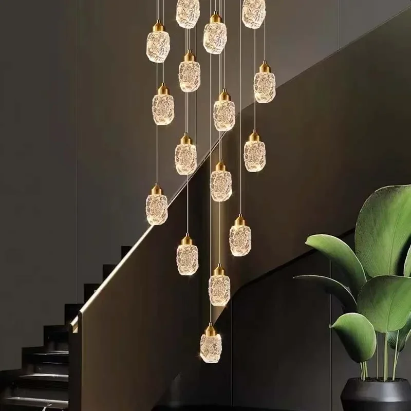 

Modern LED Crystal Chandelier For Staircase Living Room Luxury Creative Design Hallway Villa Gold Hanging Light Long Indoor Lamp