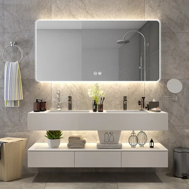 Bathroom Cabinet Vanity with Double Rock Ceramic Integrated Sink Storage Combination Smart Mirror Cabinet Bathroom Furniture