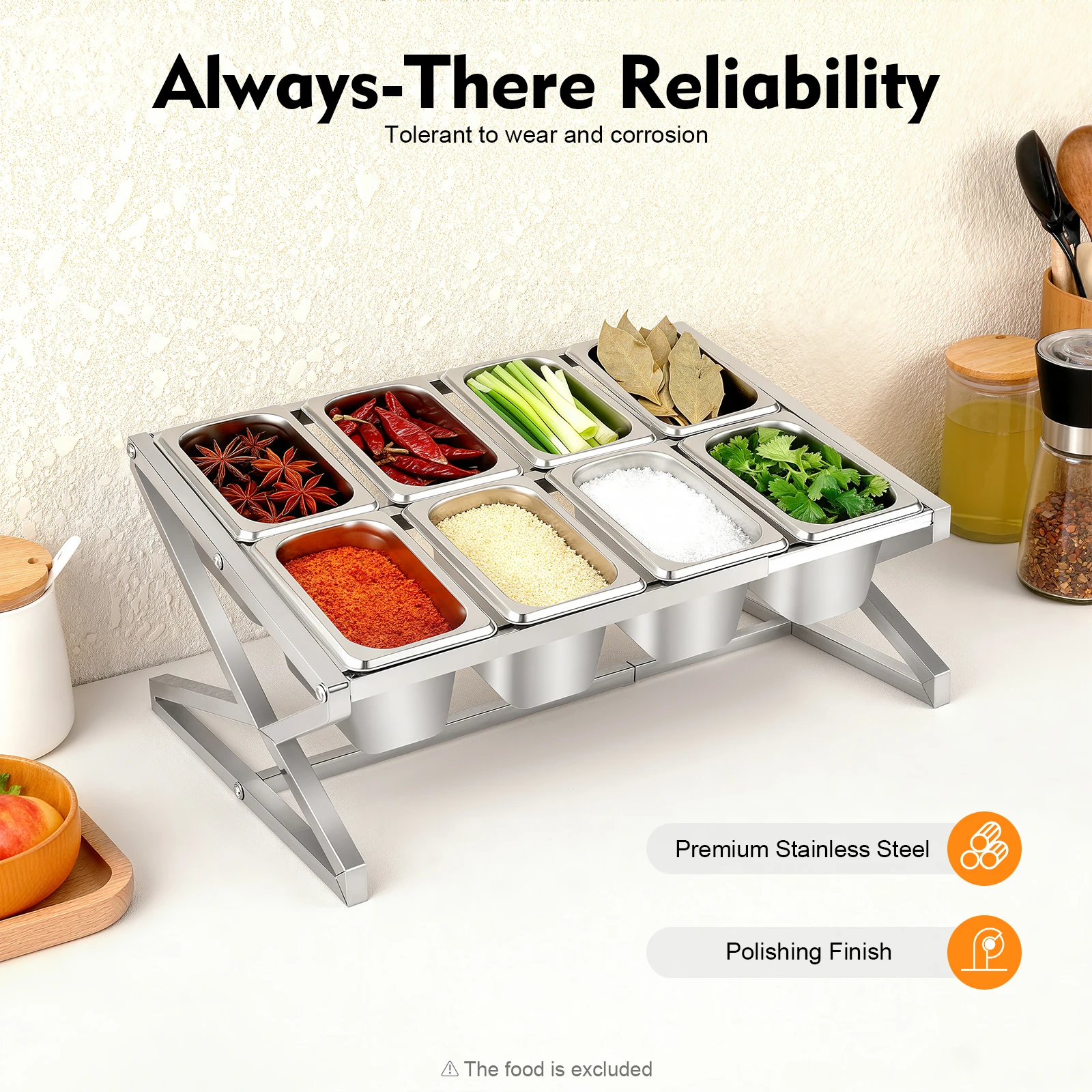 

Полка для специй из нержавеющей стали с 8 канавками, кухонная полка для специй, кухонная полка для хранения, многоуровневый органайзер с крышками для кухонного шведского стола