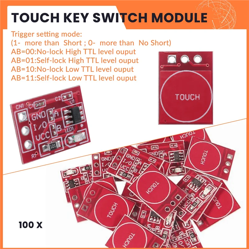 ABGR-100Pcs TTP223 Модуль сенсорного переключателя с сенсорной кнопкой Тип конденсатора Одноканальный самоблокирующийся сенсорный переключатель