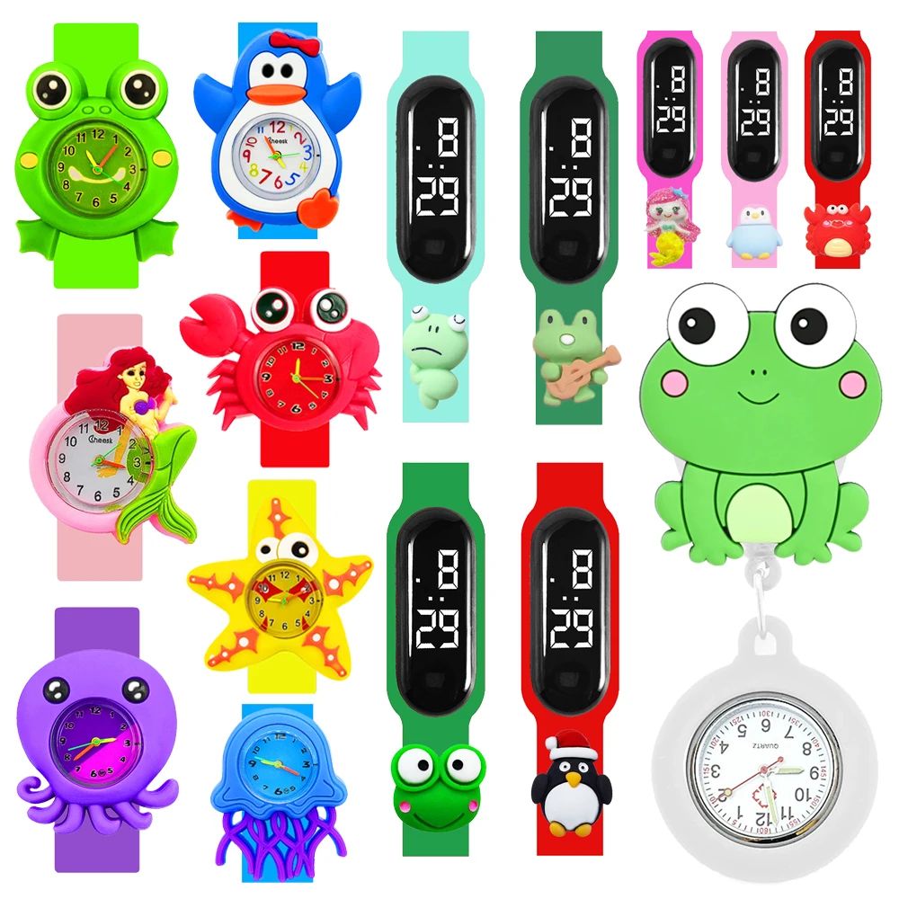 

Детские часы-браслеты серии «Водные животные»: мультяшные краб, пингвин, лягушка, осьминог. Игрушки для детей, обучающие определению времени, цифровые кварцевые часы.